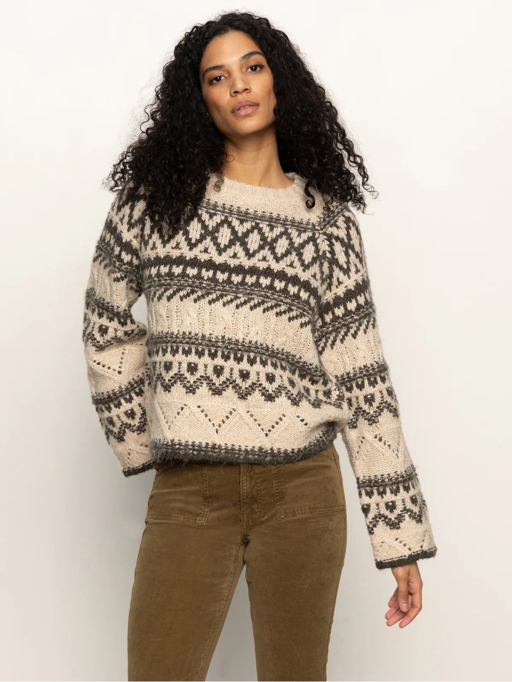 Sanctuary Fair Isle Crewneck Sweater In Light Oatmeal & Green